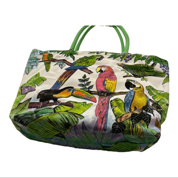 Vintage All Around Parrot Design Green & White Cloth Beach Bag Satchel Purse - Picture 4 of 5